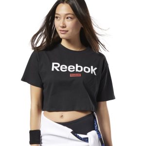 Koszulki Damskie Reebok Training Essentials Linear Logo Crop Czarne PL 58MFNPK